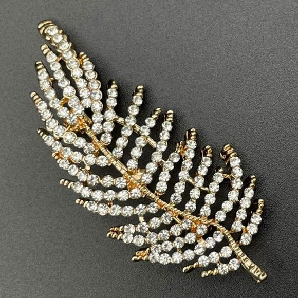 Yellow Gold with White Diamond Crystal Single Leaf Pin Back Brooch - Picture 1 of 9